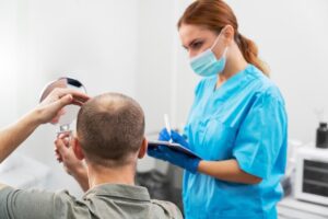 Man receiving a hair transplant in a clinic