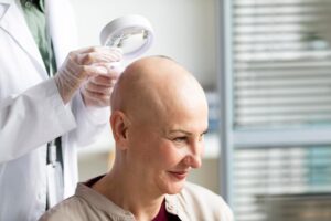 Doctor examining a patient's scalp to improve blood flow after a hair transplant