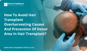 Close-up of a hair transplant procedure, showing a surgeon wearing gloves implanting hair follicles into a patient’s scalp using a specialized tool.