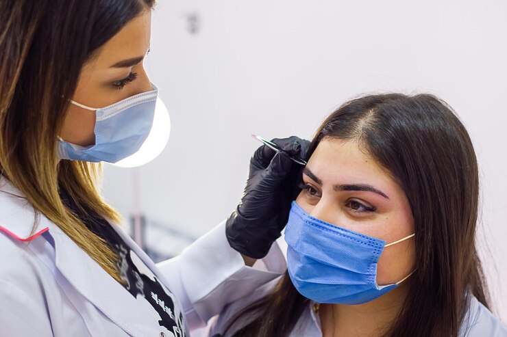 Young cosmetologist with a medical mask working on his client